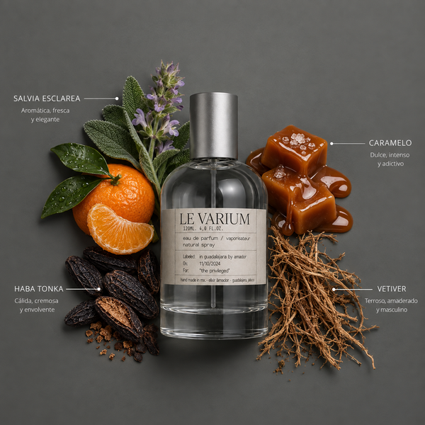 Le Varium de Elixir Amador: frasco de 120 ml con la composición aromática ilustrada.