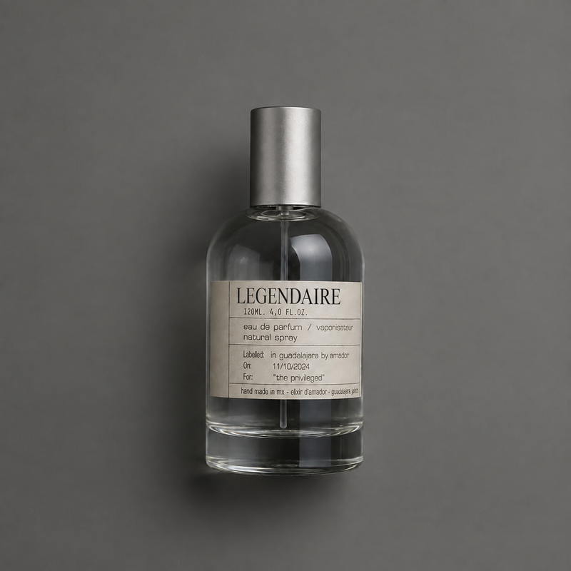 Légendaire de Elixir Amador: frasco cilíndrico de 120 ml sobre fondo gris.