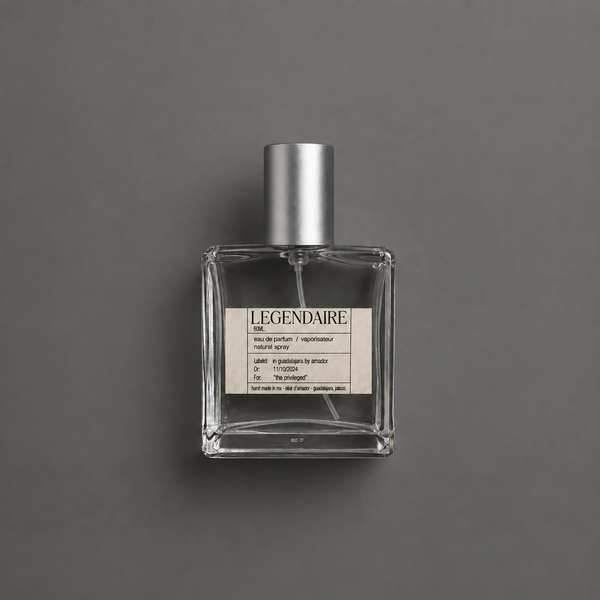 Légendaire de Elixir Amador: frasco cuadrado de 60 ml sobre fondo gris.