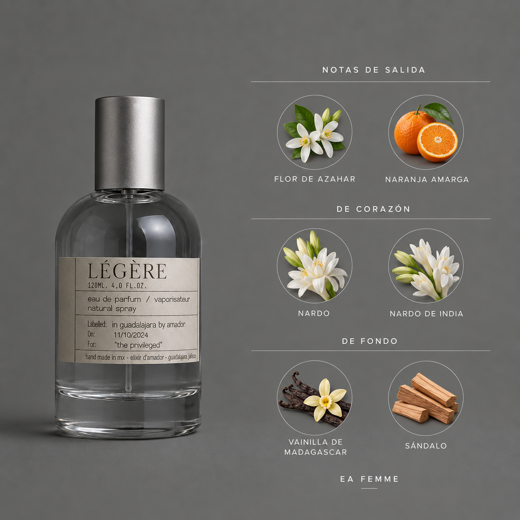 Légère de Elixir Amador: infografía de notas olfativas.