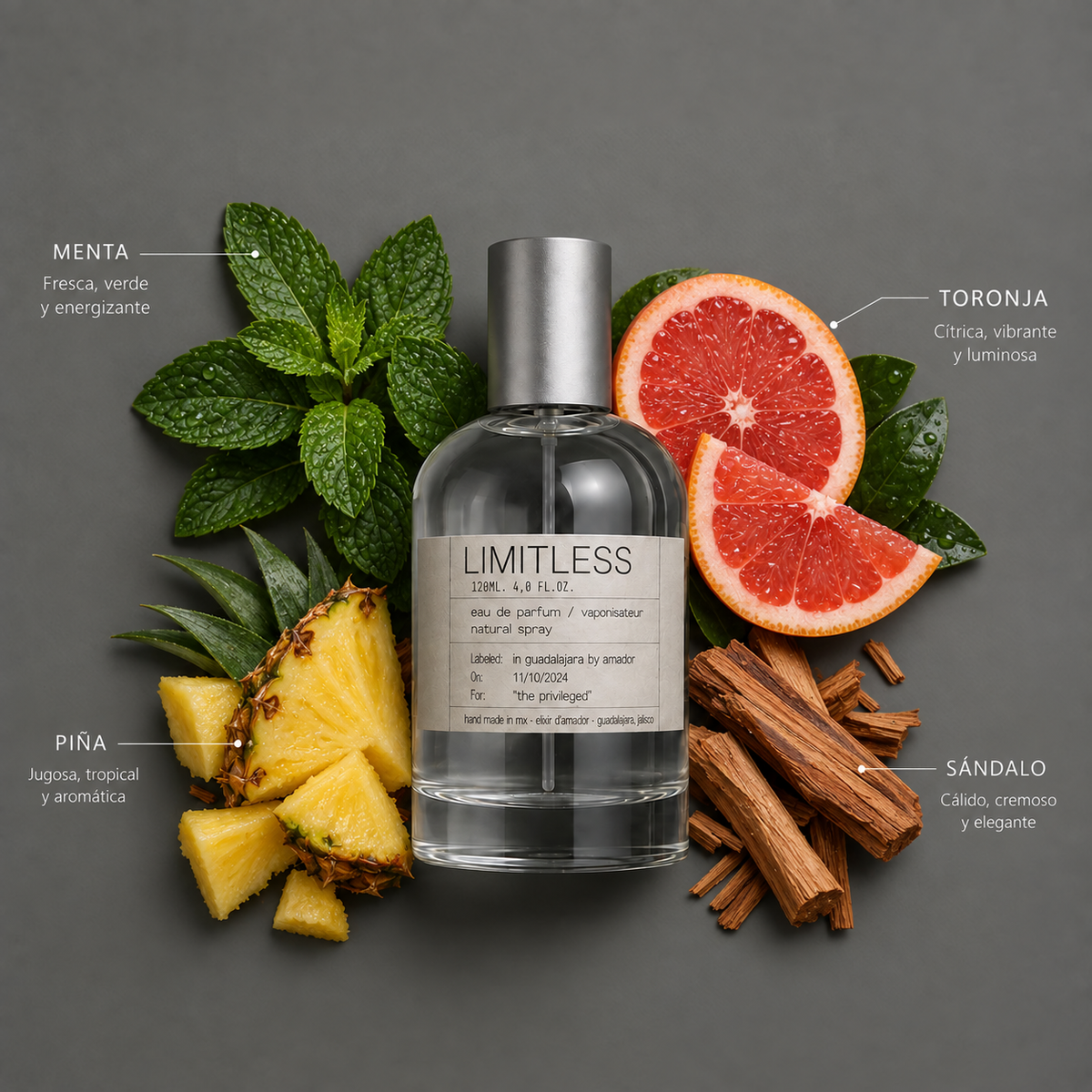 Limitless de Elixir Amador: frasco de 120 ml con la composición aromática ilustrada.