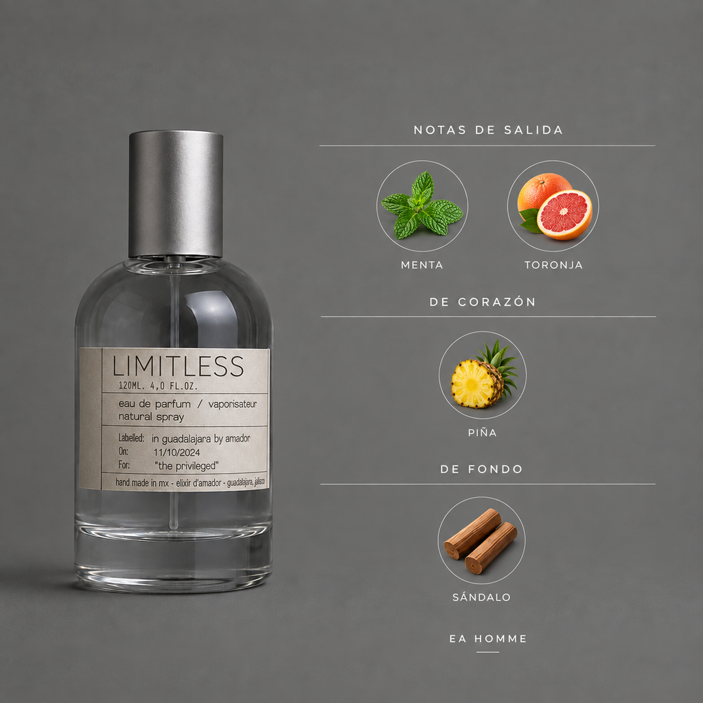 Limitless de Elixir Amador: infografía de notas olfativas.