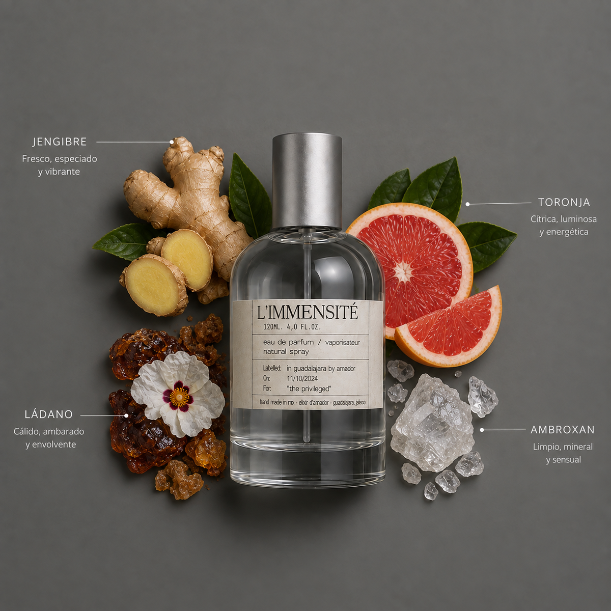 L’Immensité de Elixir Amador: frasco de 120 ml con la composición aromática ilustrada.