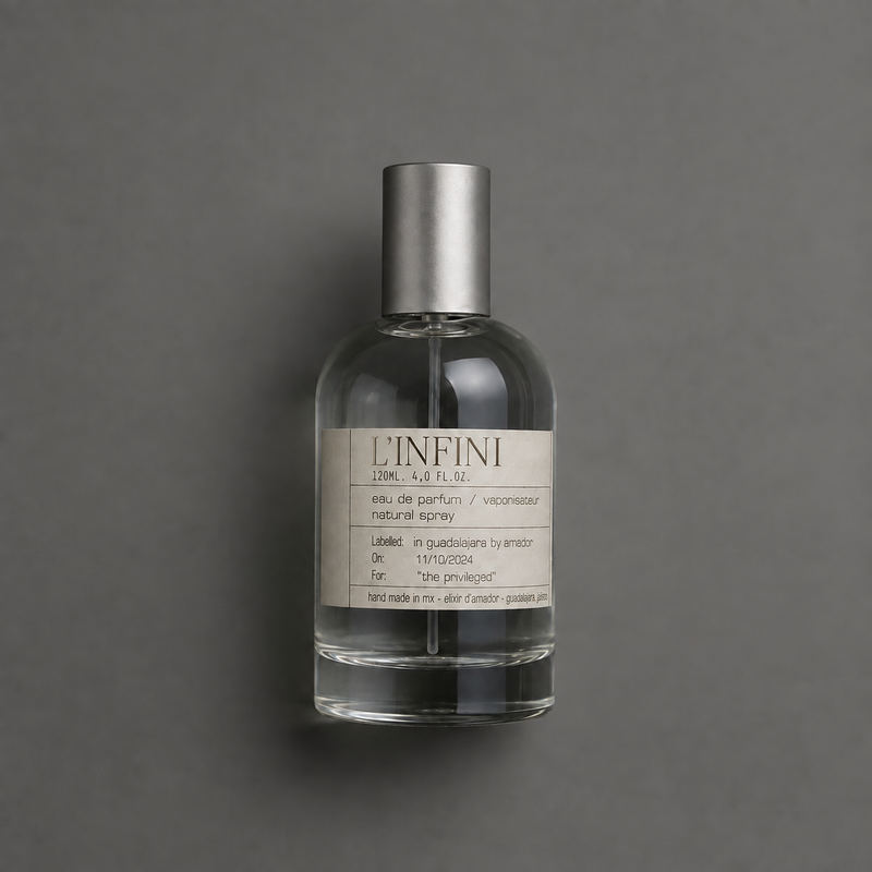L’Infini de Elixir Amador: frasco cilíndrico de 120 ml sobre fondo gris.