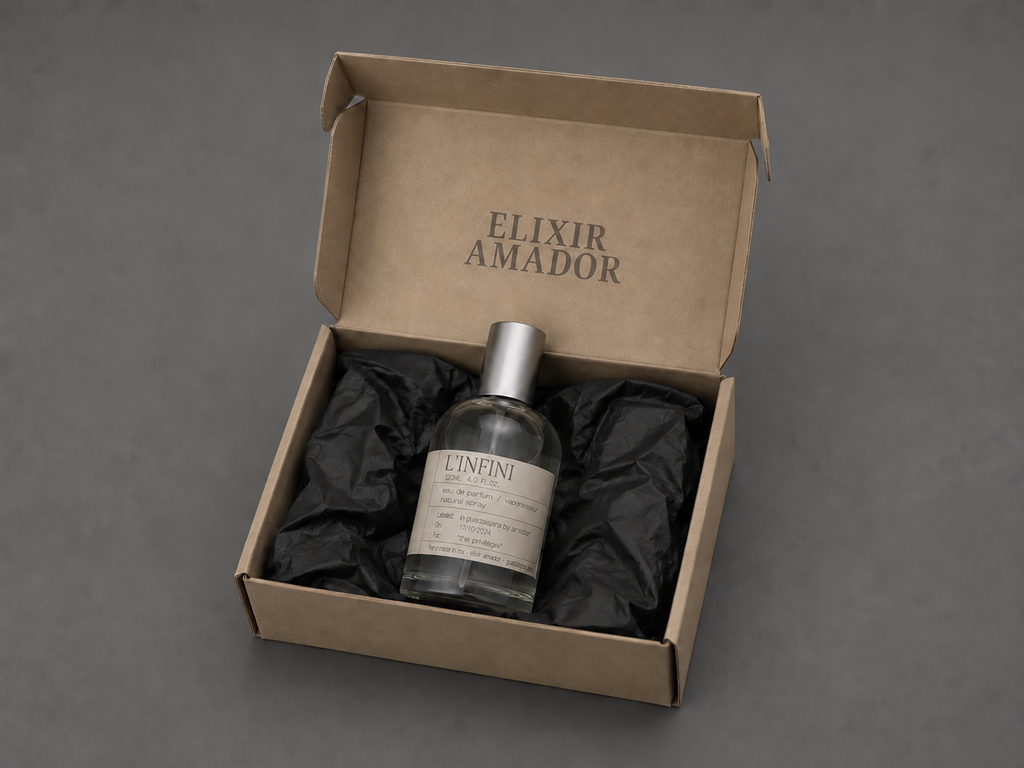 L’Infini de Elixir Amador: frasco de 120 ml en su empaque.