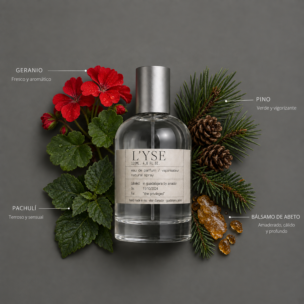 L’Yse de Elixir Amador: frasco de 120 ml con la composición aromática ilustrada.