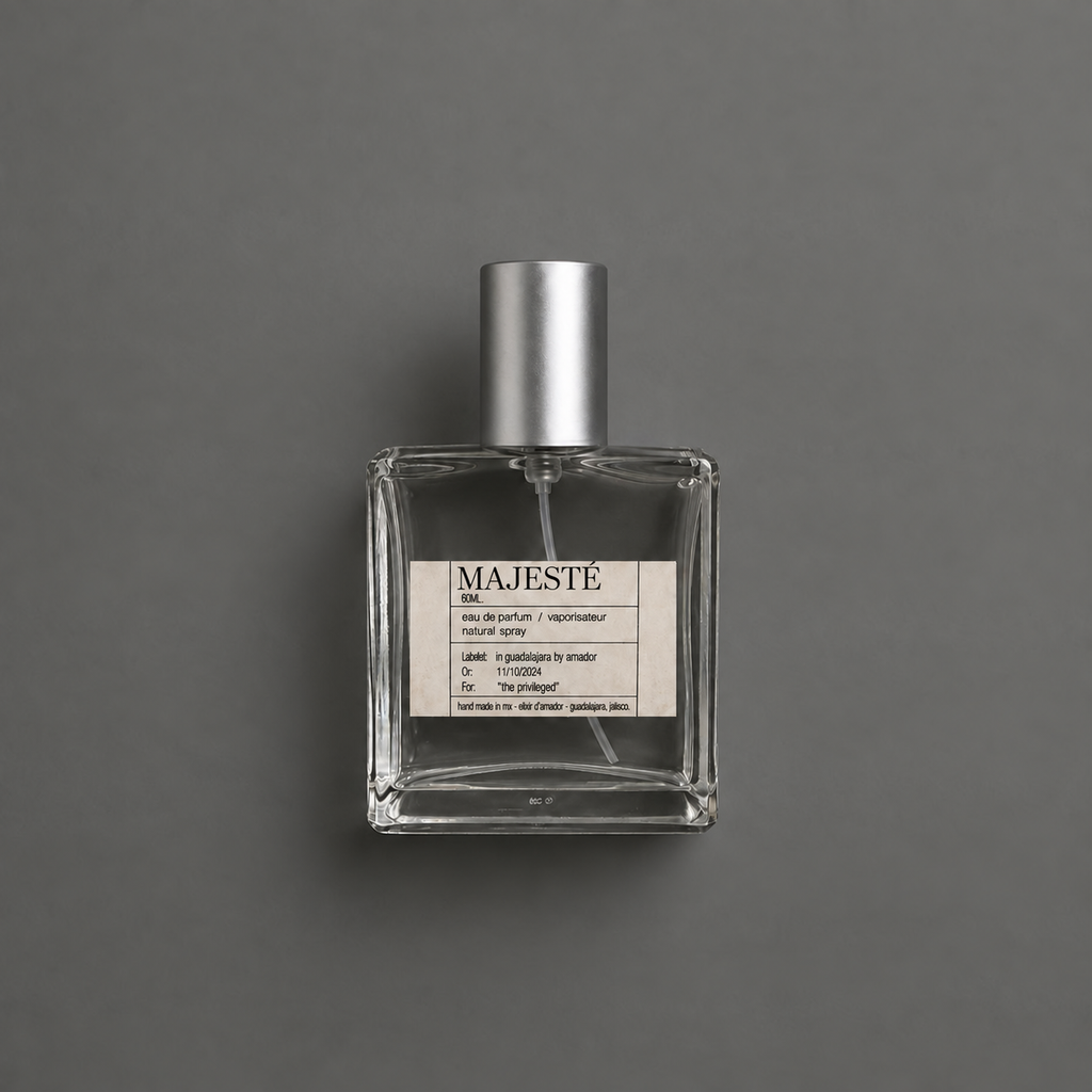 Majesté de Elixir Amador: frasco cuadrado de 60 ml sobre fondo gris.
