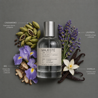 Majesté de Elixir Amador: frasco de 120 ml con la composición aromática ilustrada.