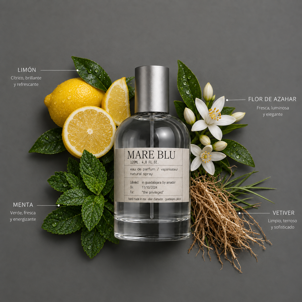 Mare Blu de Elixir Amador: frasco de 120 ml con la composición aromática ilustrada.
