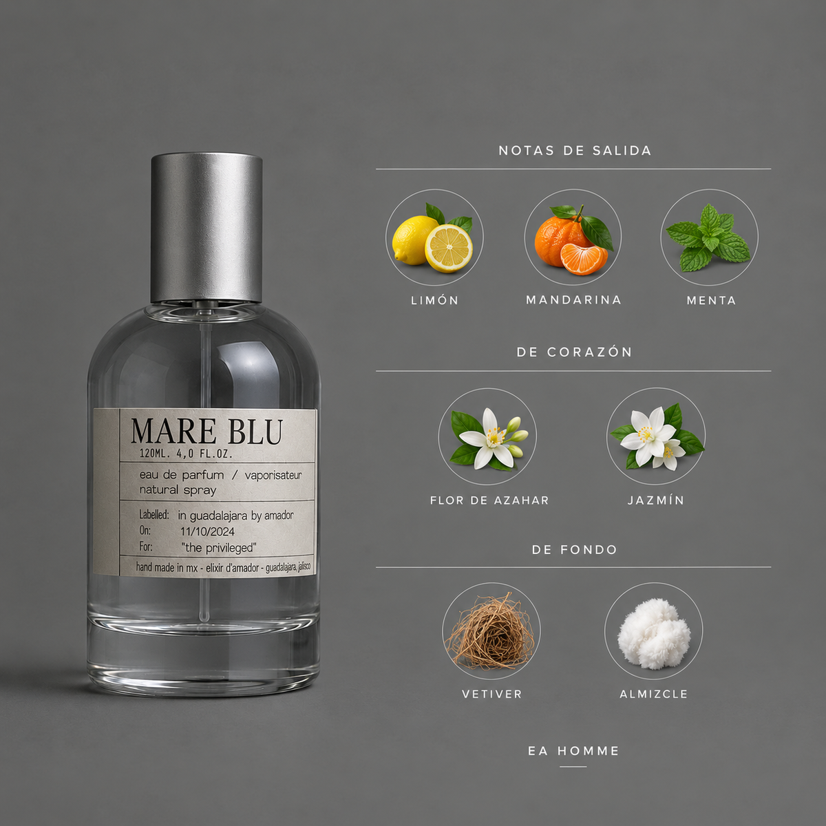Mare Blu de Elixir Amador: infografía de notas olfativas.