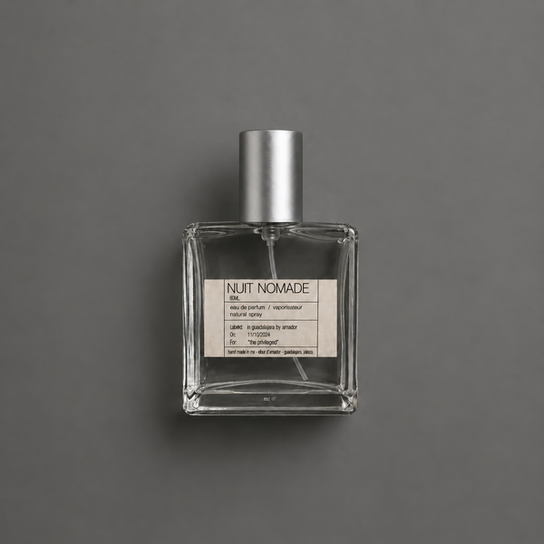 Nuit Nomade de Elixir Amador: frasco cuadrado de 60 ml sobre fondo gris.