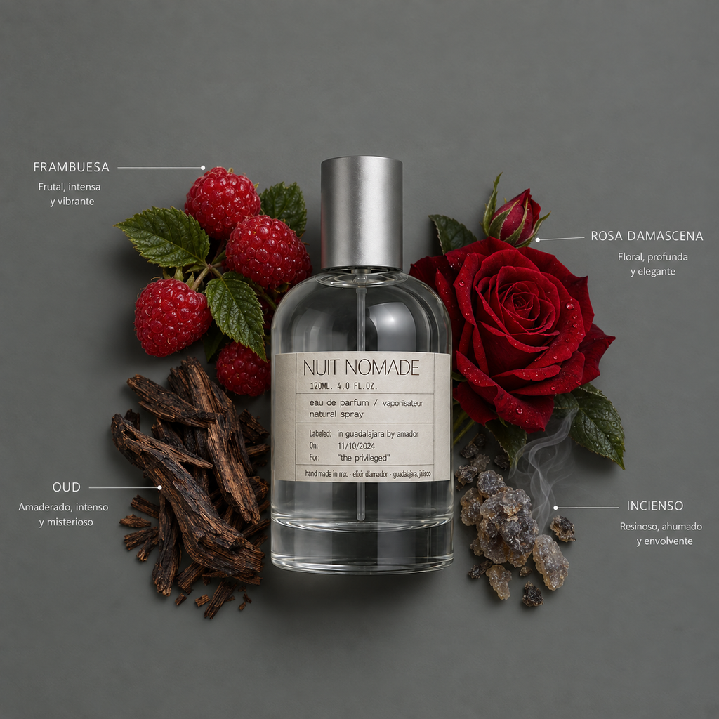 Nuit Nomade de Elixir Amador: frasco de 120 ml con la composición aromática ilustrada.