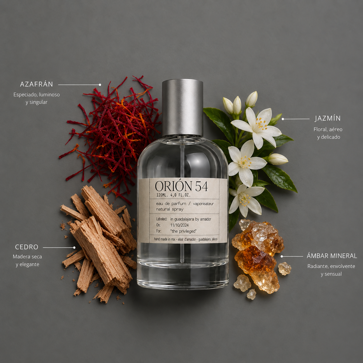 Orion 54 de Elixir Amador: frasco de 120 ml con la composición aromática ilustrada.