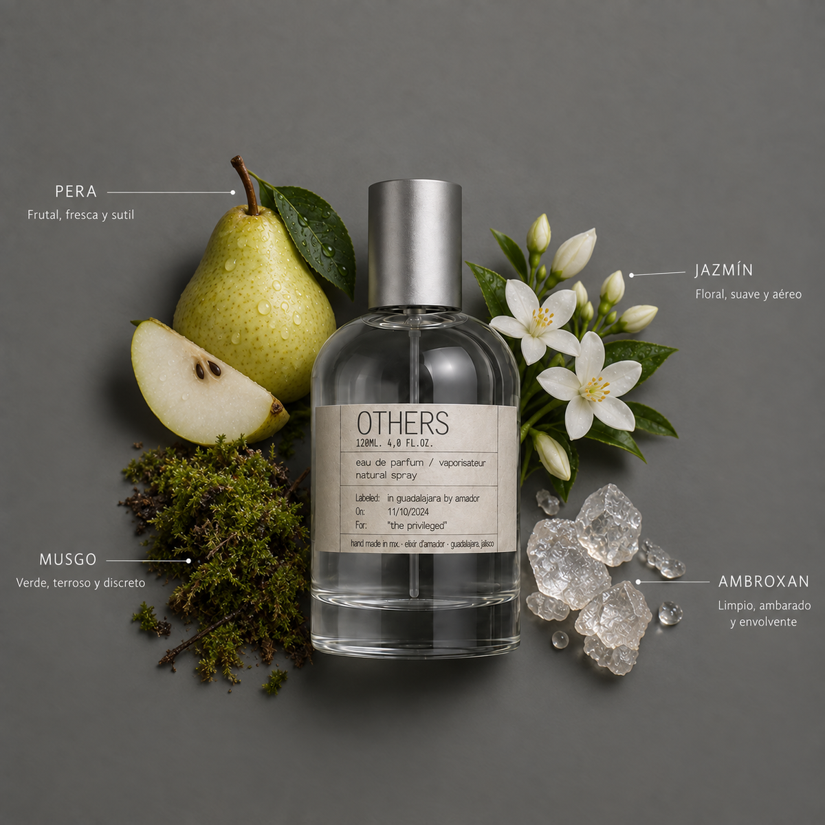 Others de Elixir Amador: frasco de 120 ml con la composición aromática ilustrada.
