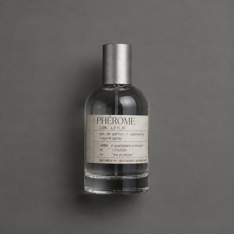 Phérome de Elixir Amador: frasco cilíndrico de 120 ml sobre fondo gris.