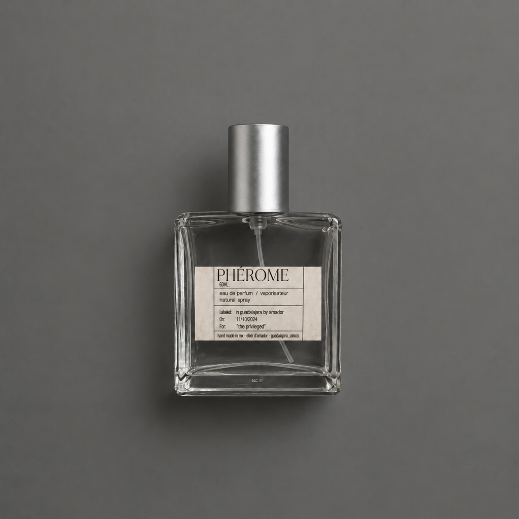 Phérome de Elixir Amador: frasco cuadrado de 60 ml sobre fondo gris.