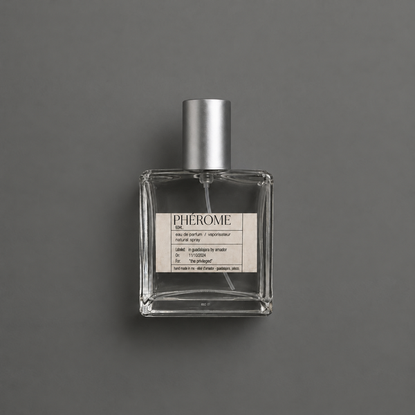 Phérome de Elixir Amador: frasco cuadrado de 60 ml sobre fondo gris.