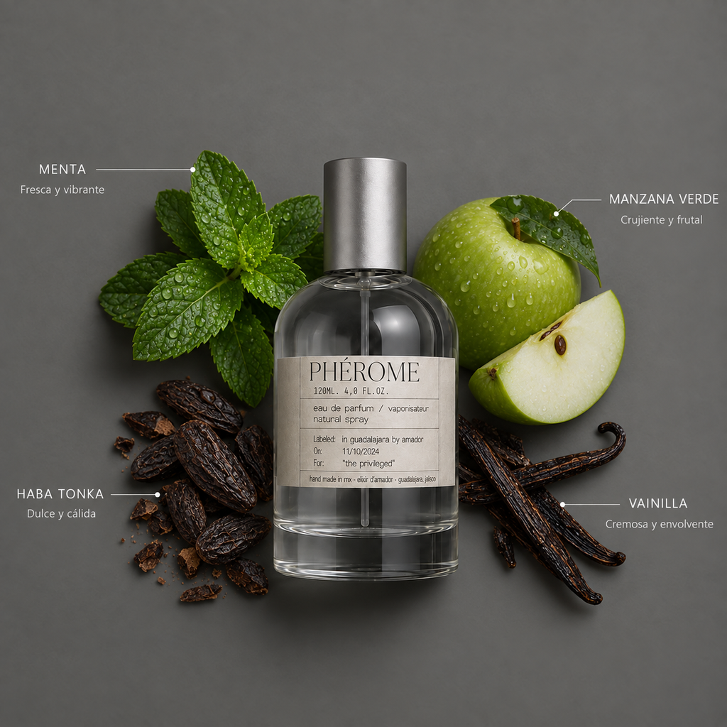 Phérome de Elixir Amador: frasco de 120 ml con la composición aromática ilustrada.