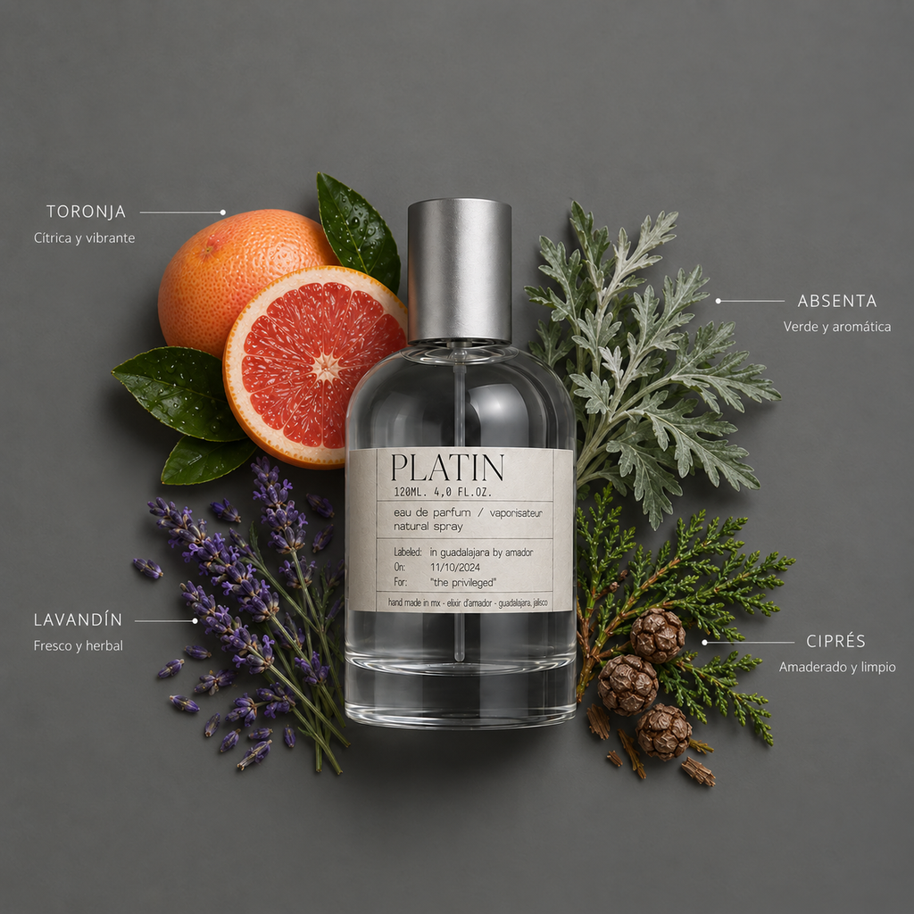 Platin de Elixir Amador: frasco de 120 ml con la composición aromática ilustrada.