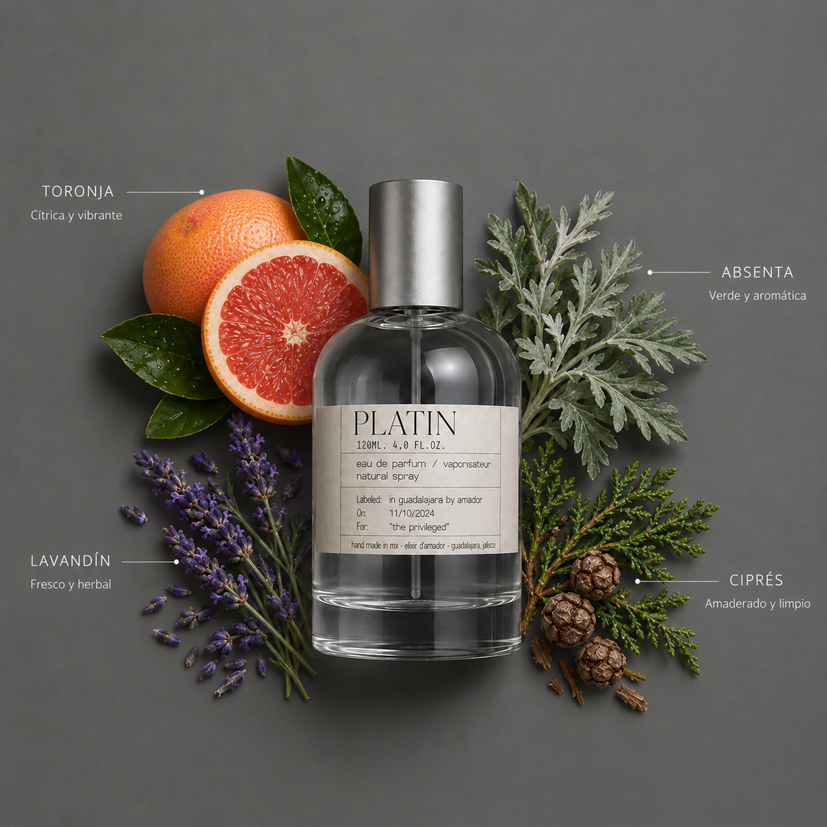Platin de Elixir Amador: frasco de 120 ml con la composición aromática ilustrada.