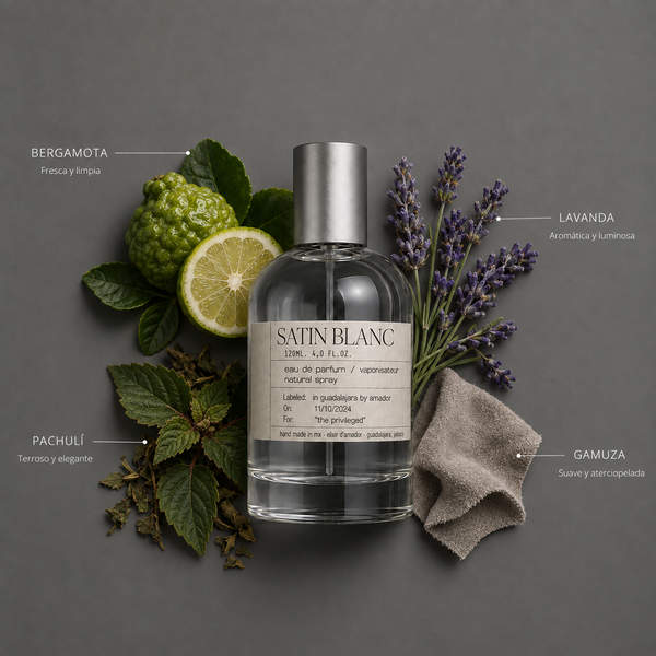 Satin Blanc de Elixir Amador: frasco de 120 ml con la composición aromática ilustrada.