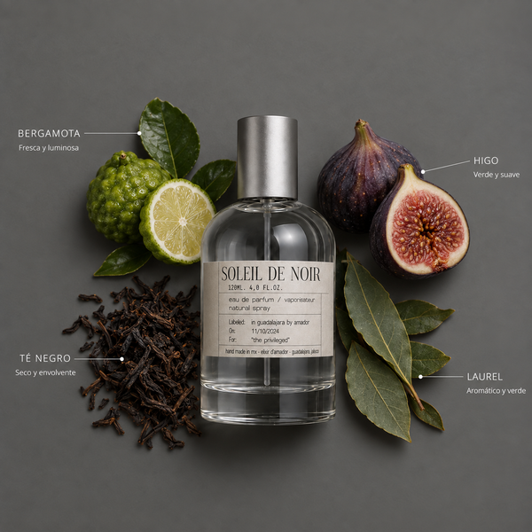 Soleil de Noir de Elixir Amador: frasco de 120 ml con la composición aromática ilustrada.