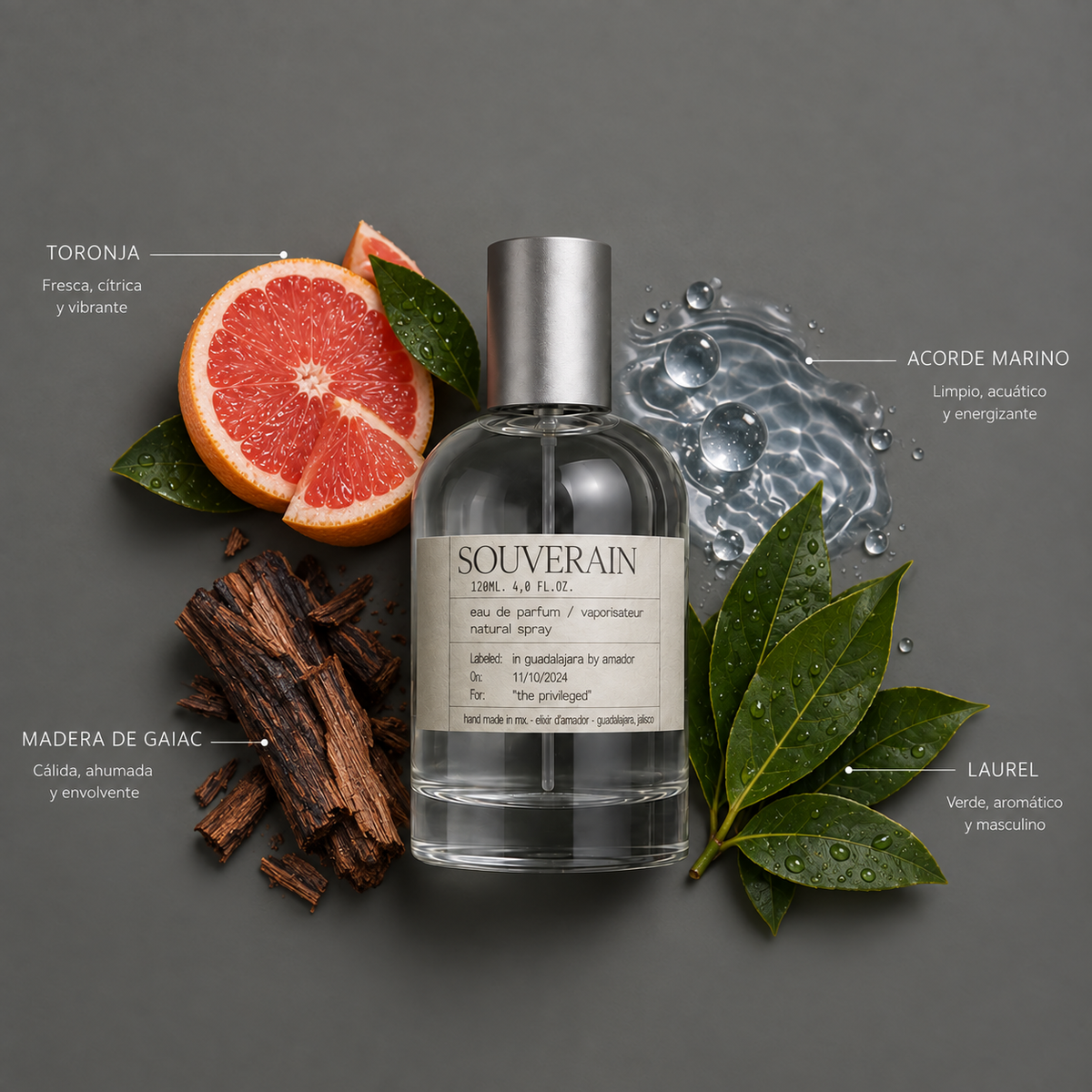Souverain de Elixir Amador: frasco de 120 ml con la composición aromática ilustrada.