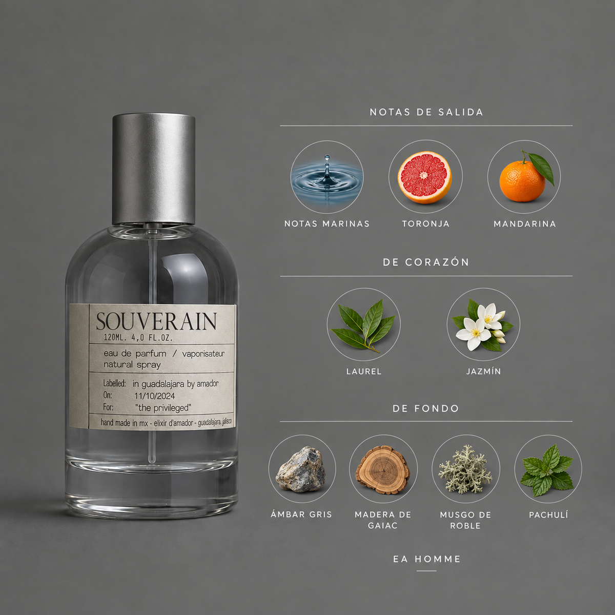 Souverain de Elixir Amador: infografía de notas olfativas.