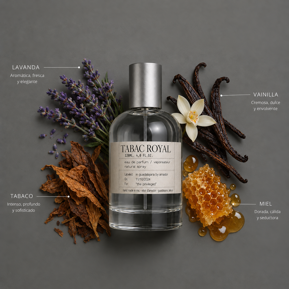 Tabac Royal de Elixir Amador: frasco de 120 ml con la composición aromática ilustrada.