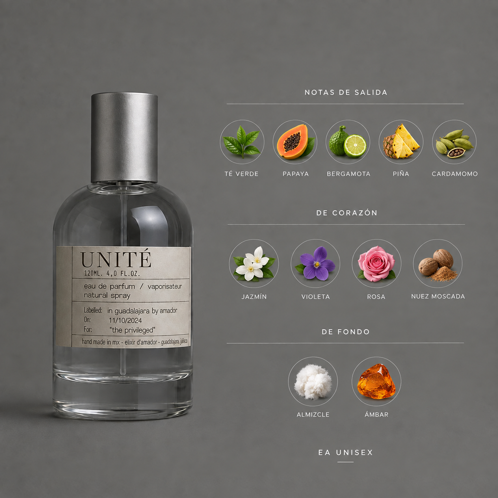 Unité de Elixir Amador: infografía de notas olfativas.