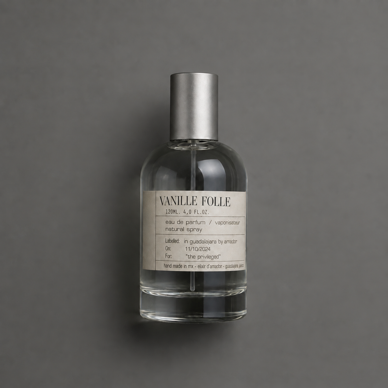 Vanille Folle de Elixir Amador: frasco cilíndrico de 120 ml.