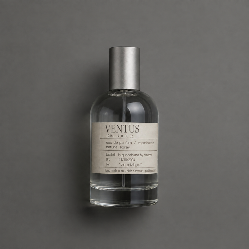 Ventus de Elixir Amador: frasco cilíndrico de 120 ml sobre fondo gris.
