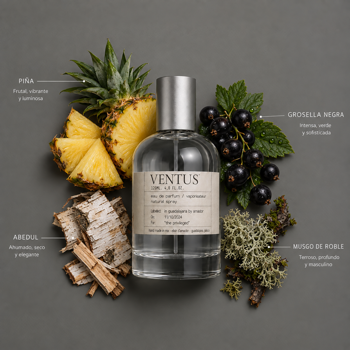 Ventus de Elixir Amador: frasco de 120 ml con la composición aromática ilustrada.