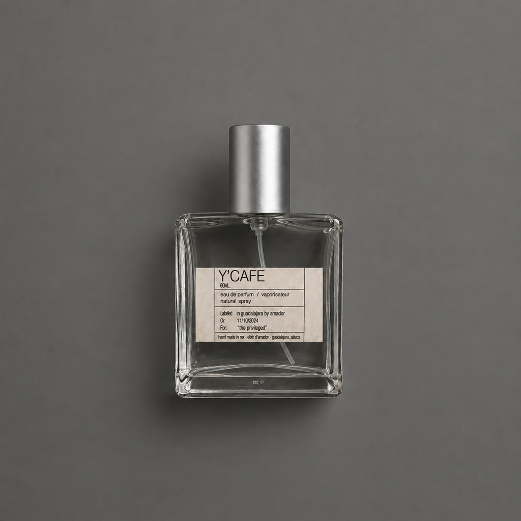 Y’ Cafe de Elixir Amador: frasco cuadrado de 60 ml sobre fondo gris.