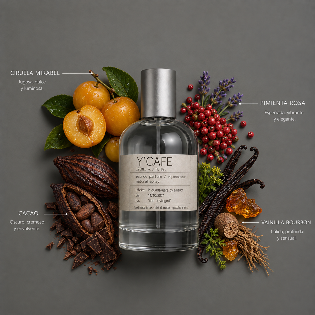 Y’ Cafe de Elixir Amador: frasco de 120 ml con la composición aromática ilustrada.