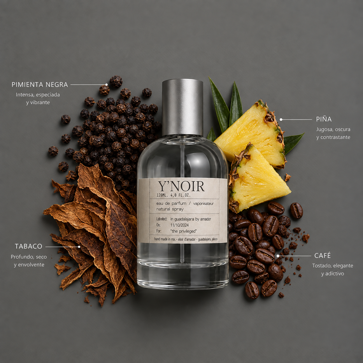 Y’Noir de Elixir Amador: frasco de 120 ml con la composición aromática ilustrada.